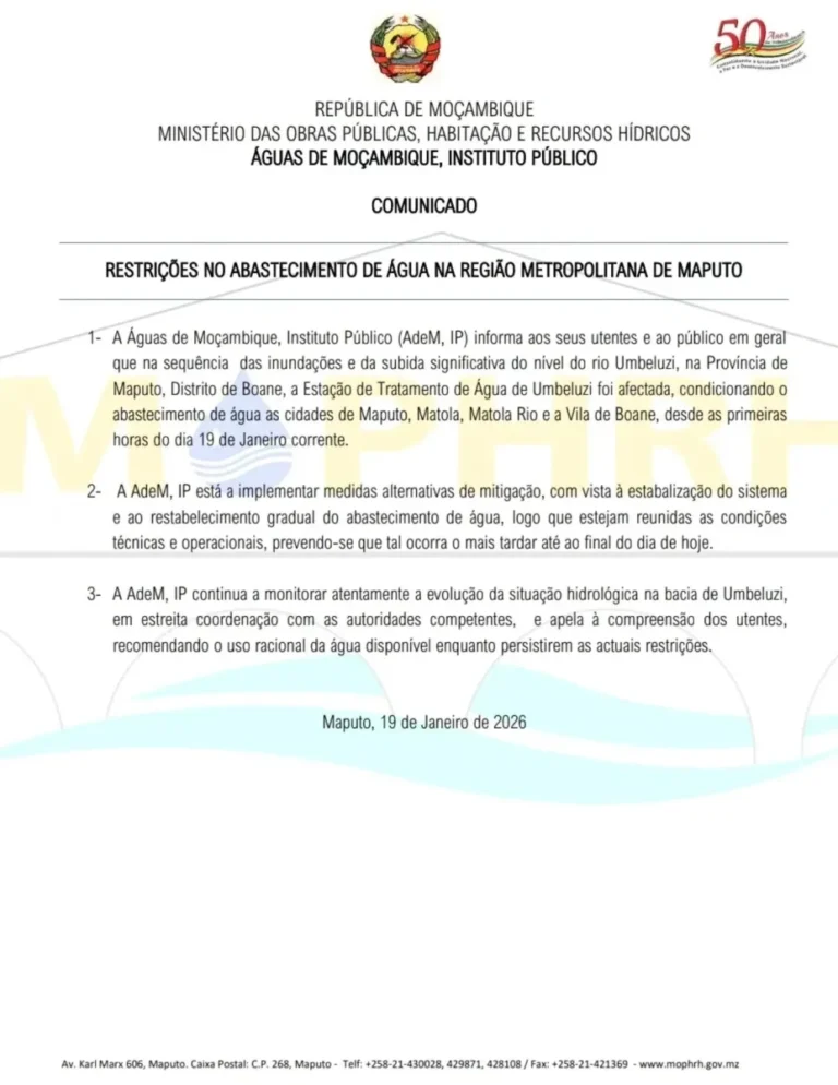 Cheias no Rio Umbeluzi provocam Restrições no Abastecimento de Água em Maputo e Matola