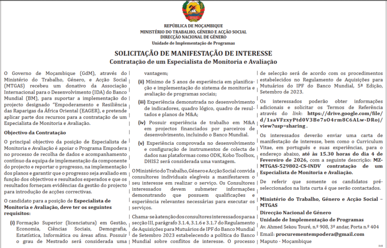 Contratação de um Especialista de Monitoria e Avaliação