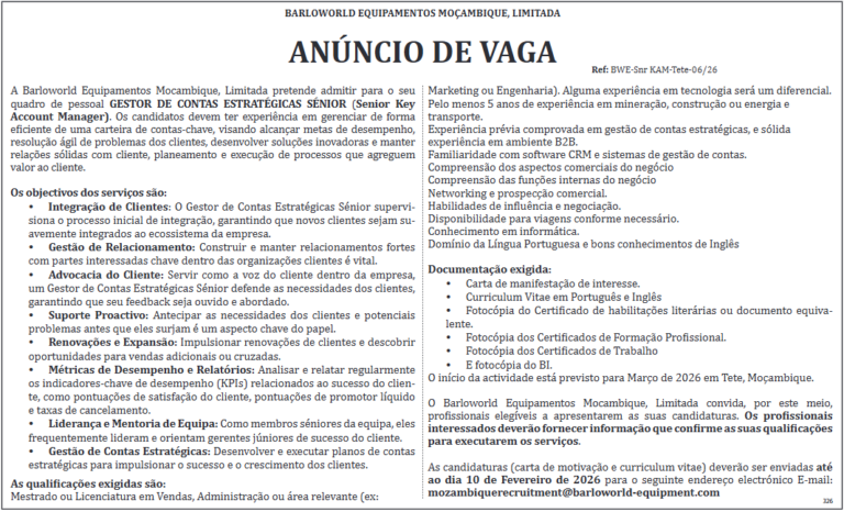 Contratação de Gestor de Contas Estratégicas Sénior