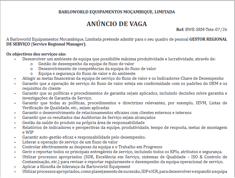 Contratação de Gestor Regional de Serviços