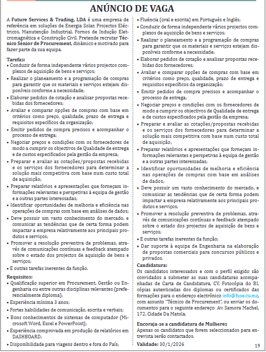 Contratação de Técnico Sénior de Procurement