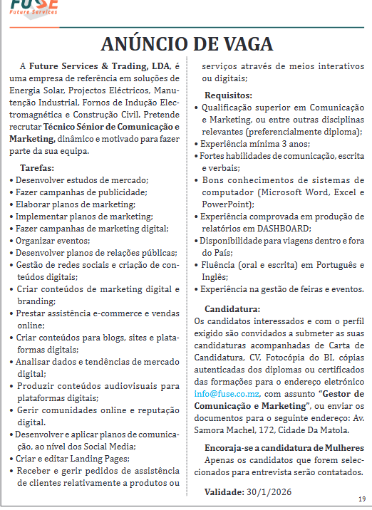 Contratação de Técnico Sénior de Comunicação e Marketing