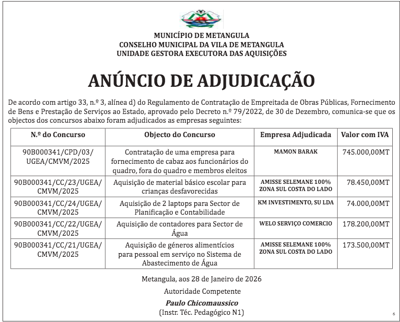 Contratação de Uma Empresa Para Fornecimento de Cabaz Aos Funcionários do Quadro, Fora do Quadro e Membros Eleitos; Aquisição de material Básico Escolar Para Criança Desfavorecidas; Aquisição de Dois Laptops Para Sector de Planificação e Contabilidade; Aquisição de Contadores Para Sector de Água; Aquisição de Géneros Alimentícios Para Pessoal em Serviço no Sistema de Abastecimento de Água