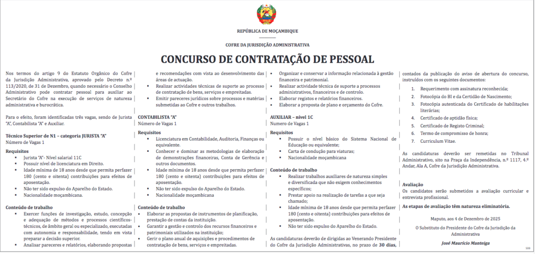 Contratação de Técnico Superior de N1 – Categoria Jurista “A”; Contratação de Contabilista “A”