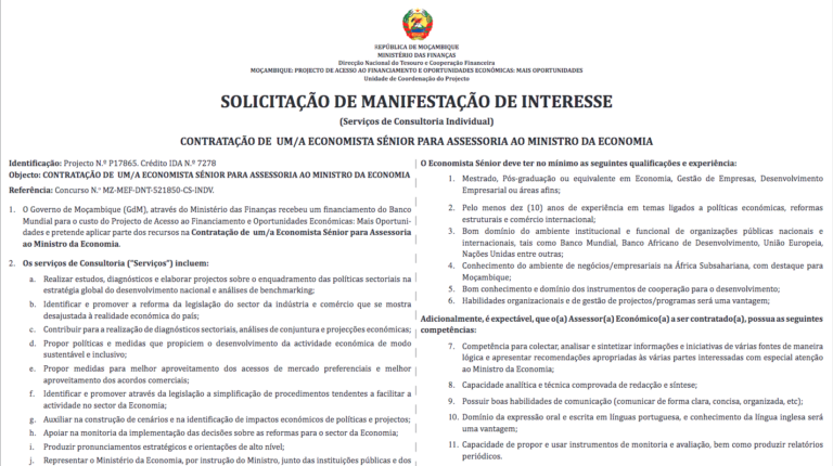Contratação de um/a Economista Sénior Para Assessoria ao Ministro da Economia