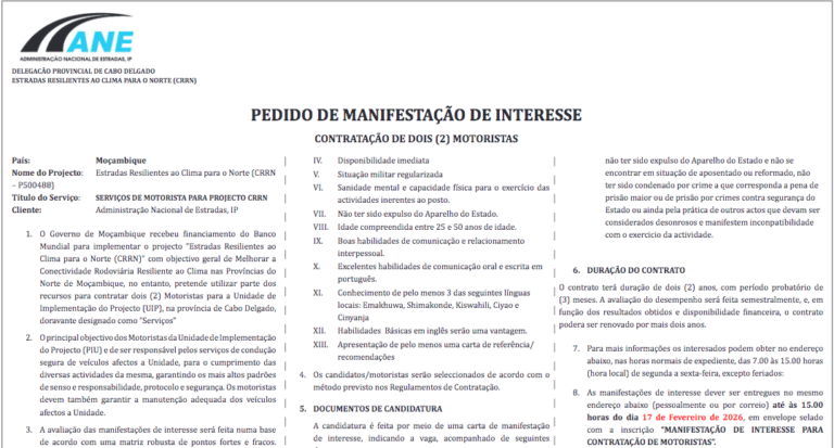 Serviços de Motorista Para Projecto CRRN