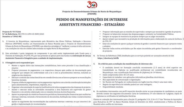 Contratação de um (a) Assistente Financeiro-Estagiário Para a Unidade de Implementação
